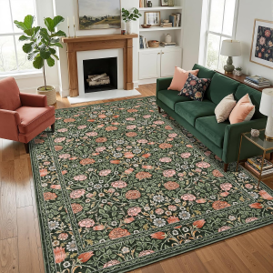 Dark Green Vintage Floral Washable 5X7 Area Rugs for Living Room Boho Botanical Retro Rug Low Pile Stain Resistance Non Slip Carpet for Bedroom Nursery Dining Room