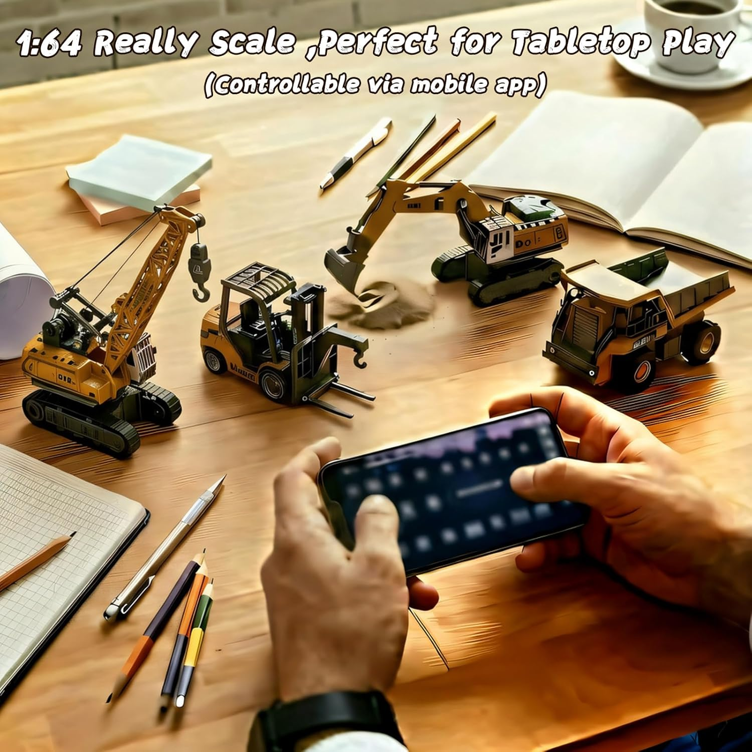 4 PCS RC Construction Vehicles Set with Mini Excavator Dump Truck Forklift and Crane USB Charge Real Lights & Sounds and Movable Parts & Traffic Sign Simulate True Scale Birthday Gifts for Kids Adults - Image 5
