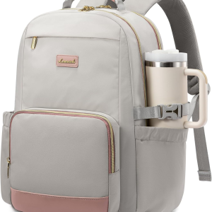 Laptop Backpack for Women with Pouch Pocket for Large Capacity Cup,15.6 Inch Laptop Computer Bag Travel Backpack Purse,Waterproof Work Business Backpack College Teacher Bags,Gray-Pink