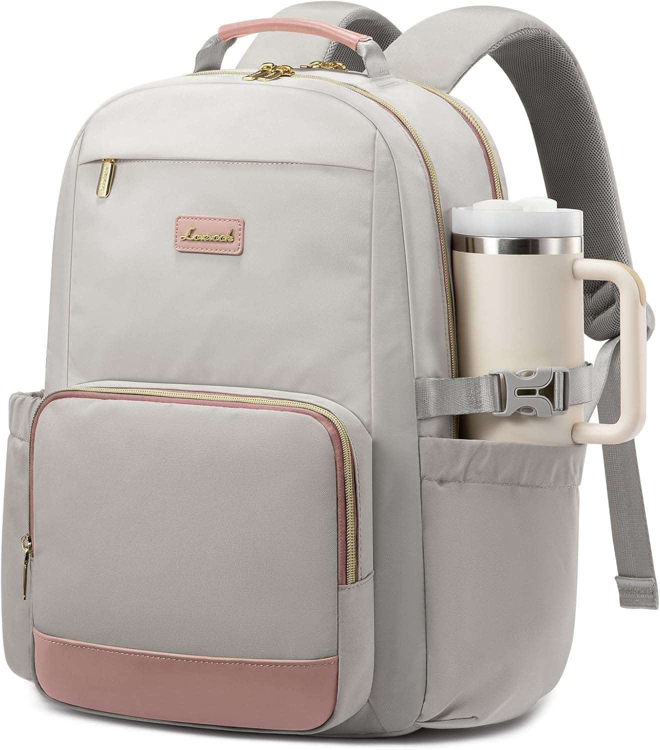 Laptop Backpack for Women with Pouch Pocket for Large Capacity Cup,15.6 Inch Laptop Computer Bag Travel Backpack Purse,Waterproof Work Business Backpack College Teacher Bags,Gray-Pink