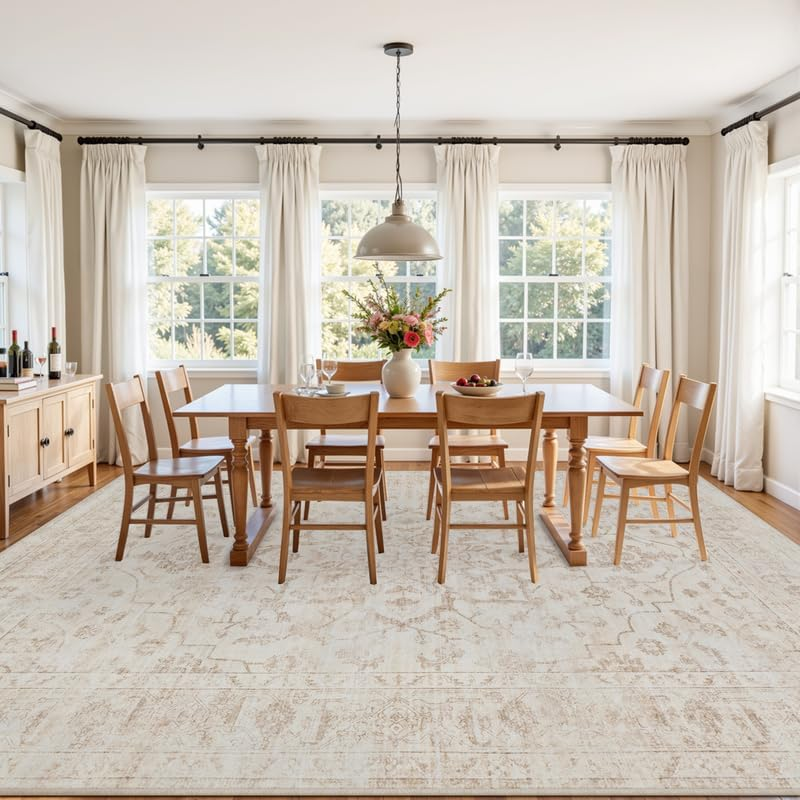 Area Rugs 9X12 Living Room: Vintage Boho Neutral Washable Rug Indoor Soft Large Area Rug Carpet for Bedroom Nursery Farmhouse Dining Room Office Floor Non-Slip Low Pile under Table Rug Warm Beige - Image 3