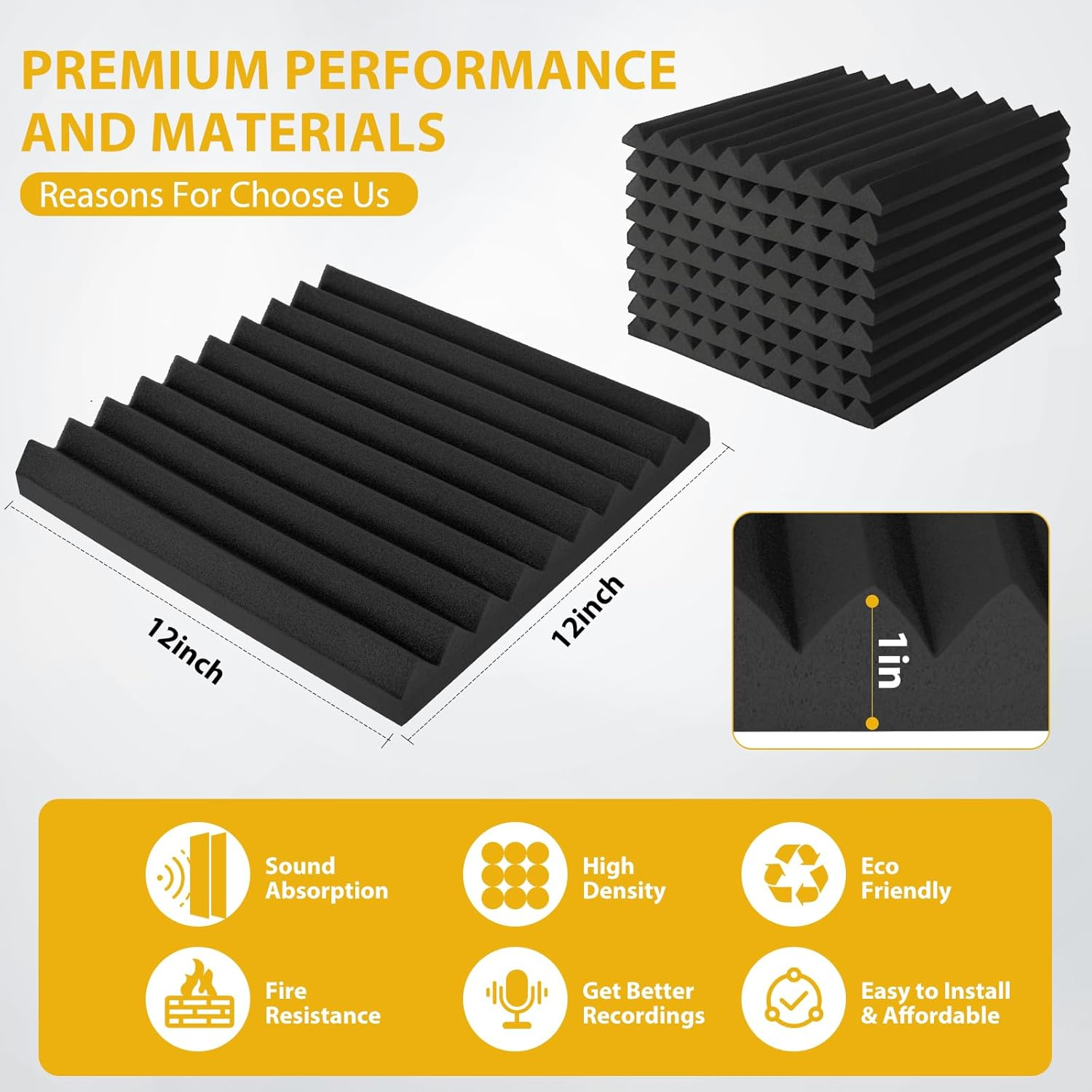 Acoustic Foam Panels Sound Absorbing 12 Pack - 1" X 12"X 12" Sound Proof Panels Noise Reducing for Walls, High Density Sound Deadening Panels Black Wedge for Studio Recording & Office & Home - Image 2