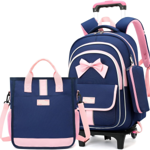 Rolling Backpack for Girls 3Pcs Elementary School Bag Cute Bowknot Backpack with Wheels Girls Bookbags with Handbag Trolley Bags Kids Carry-On Luggage