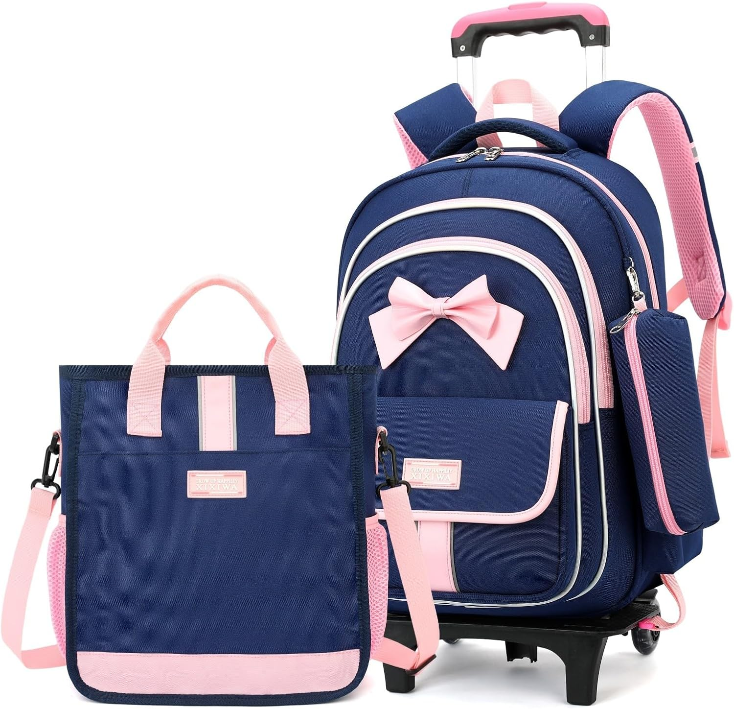 Rolling Backpack for Girls 3Pcs Elementary School Bag Cute Bowknot Backpack with Wheels Girls Bookbags with Handbag Trolley Bags Kids Carry-On Luggage