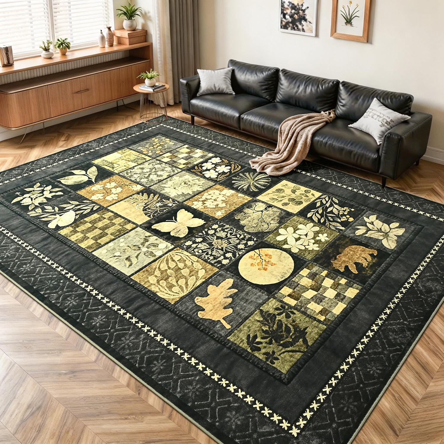 8X10 Area Rugs for Living Room, Modern Large Geometric Rug for Bedroom, Washable Patchwork Rug Indoor Non Slip Throw Carpets for Dining Room Office Farmhouse Home Decor, Dark Grey