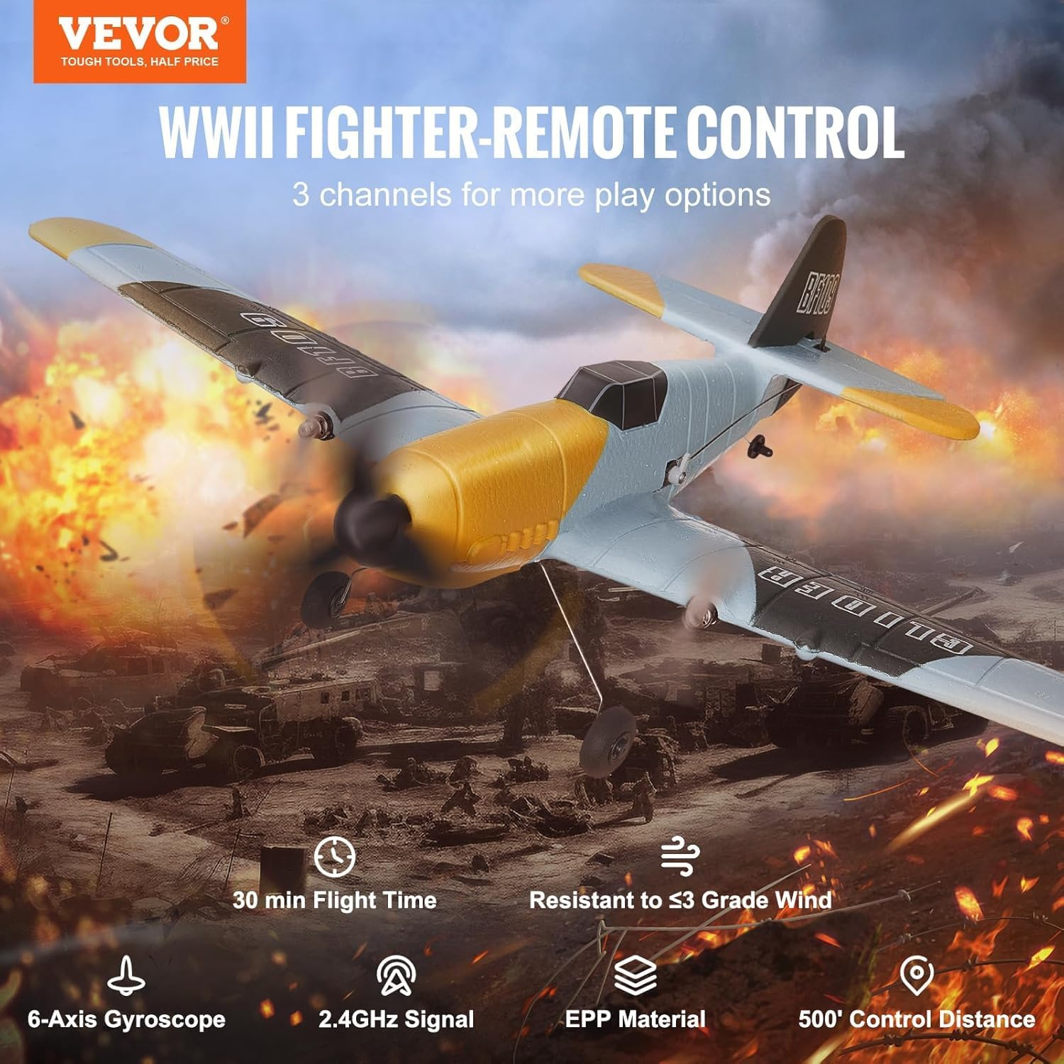 RC Plane, 2.4GHZ 3 Channel RC Airplane with 6-Axis Gyro Stabilizer&2 Batteries, Ready to Fly BF-109 Fighter Aircraft Plane Toy for Adults Beginners Kids Birthday/Xmas Gift - Image 3