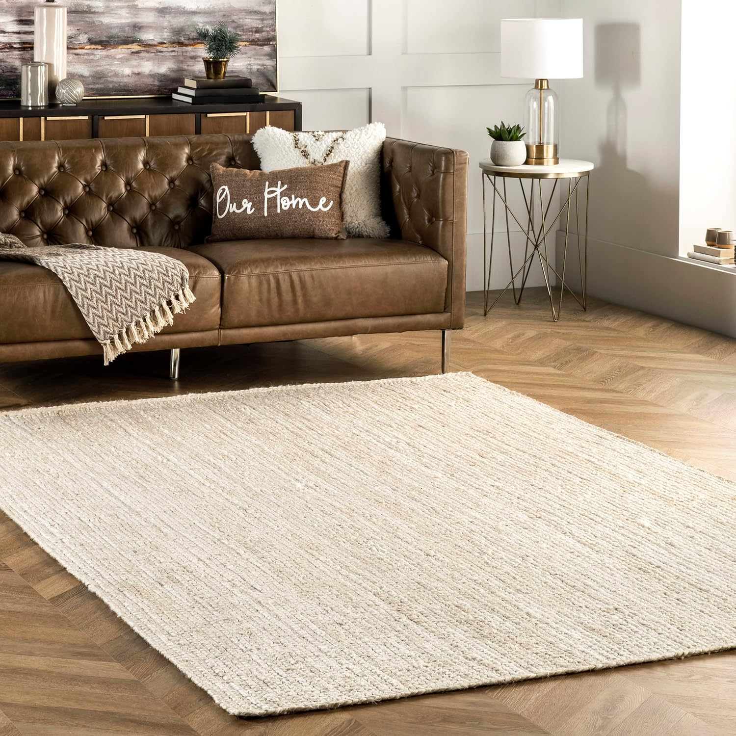 5X8 Rigo Jute Hand Woven Area Rug, off White, Solid Farmhouse Design, Natural Fiber, for Bedroom, Living Room, Dining Room, Hallway, Office, Kitchen, Entryway