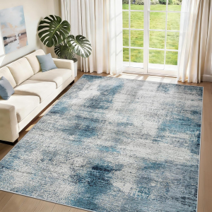 Washable Rug 6X9 Area Rug：Large Abstract Non Slip Rugs Neutral Soft Low Pile Carpet for Living Room Bedroom Nursery Dining Room Office (Blue, 6'X9')