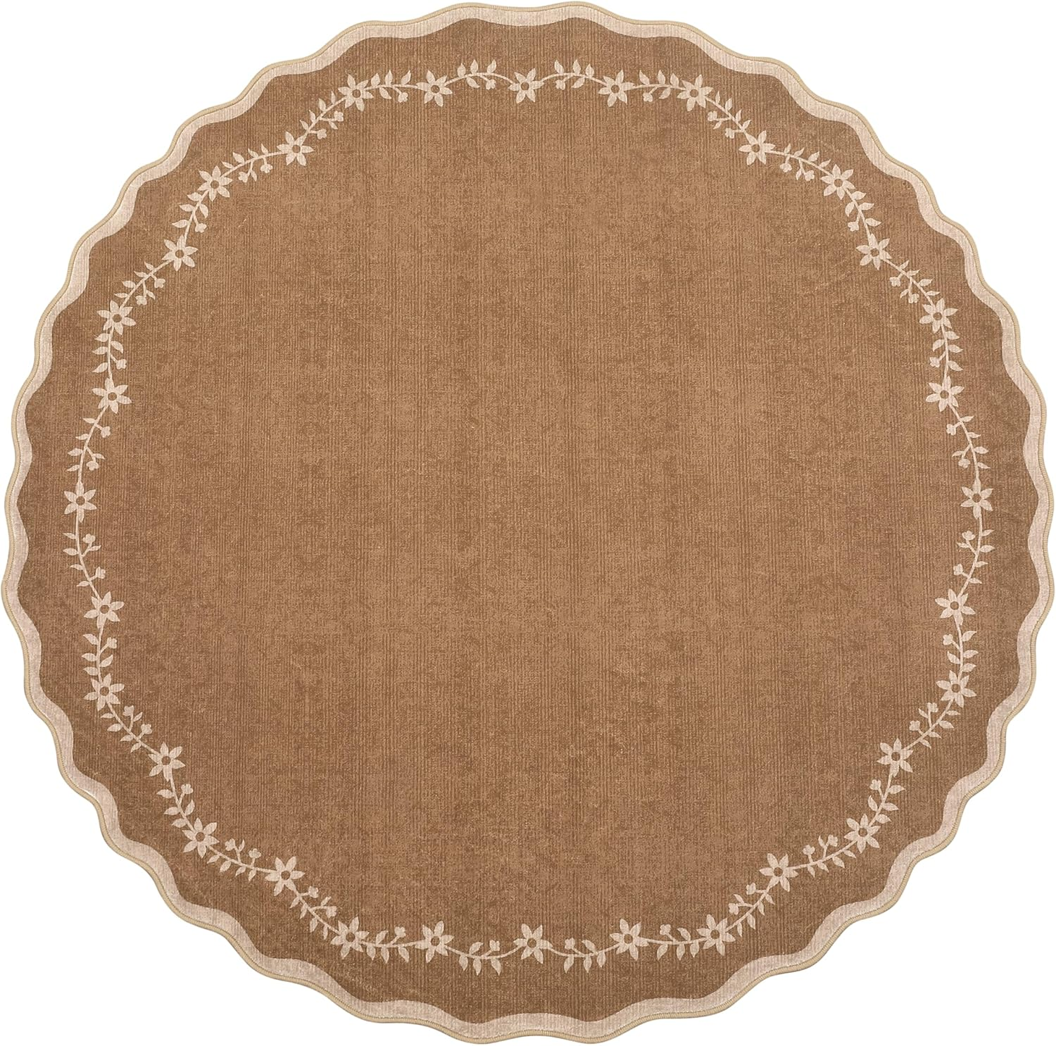 round Area Rugs 6Ft for Bedroom, Solid Brown Washable Circle Rug Soft Non Slip Floral Print Floor Mat Leaves Carpet Indoor Thin Rug for Living Room Dining Room Playroom Nursery - Image 4