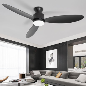 Flush Mount Ceiling Fan with Light and Remote, 52 Inch Low Profile Ceiling Fans with Remote, 3 Color Light, 6 Speed, DC Motor, (ABS, Classic Black)