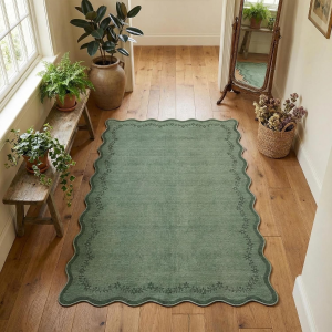 3X5 Scalloped Washable Area Rug for Bedroom,Soft Solid Dark Green Entryway Rug Farmhouse Kitchen Mat Non Slip Low Pile Carpet Stain Resistant Throw Rug for Bedside Kids Room