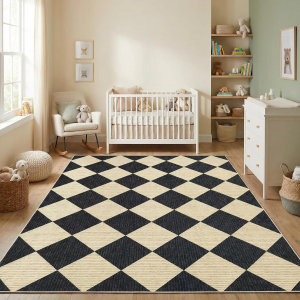 4X6 Modern Checkered Area Rug, Black Washable Rugs for Nursery Room Bedroom, Soft Low Pile Non Slip Diamond Floor Mat Plaid Print Throw Rug Indoor Carpet Dining Room Playroom