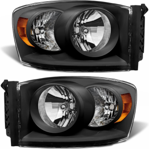 For 2006 2007 2008 2009 Ram Headlight Assembly Black Housing Compatible with 2006-2008 Dodge Ram 1500/2006-2009 Dodge Ram 2500 3500 Clear Lens Amber Reflector Headlamp Replacement Pair