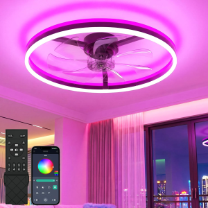 RGB Ceiling Fans with Lights and Remote, Modern Smart LED Ceiling Fans Light, 6 Speeds & 3000K-6500K Dimmable, Quiet Bladeless Fandelier Ceiling Fan with Light for Bedroom(24Inch, Black)