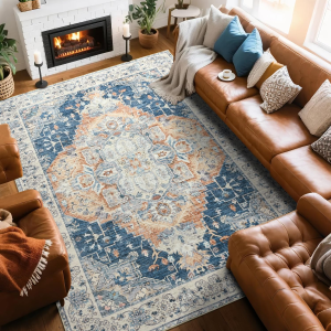 Area Rugs 6X9, Low Pile Washable Rugs, Soft Vintage Distressed Rugs for Living Room Bedroom, Office, Dining Room, Water Repellent & Non Shedding, Blue and Orange