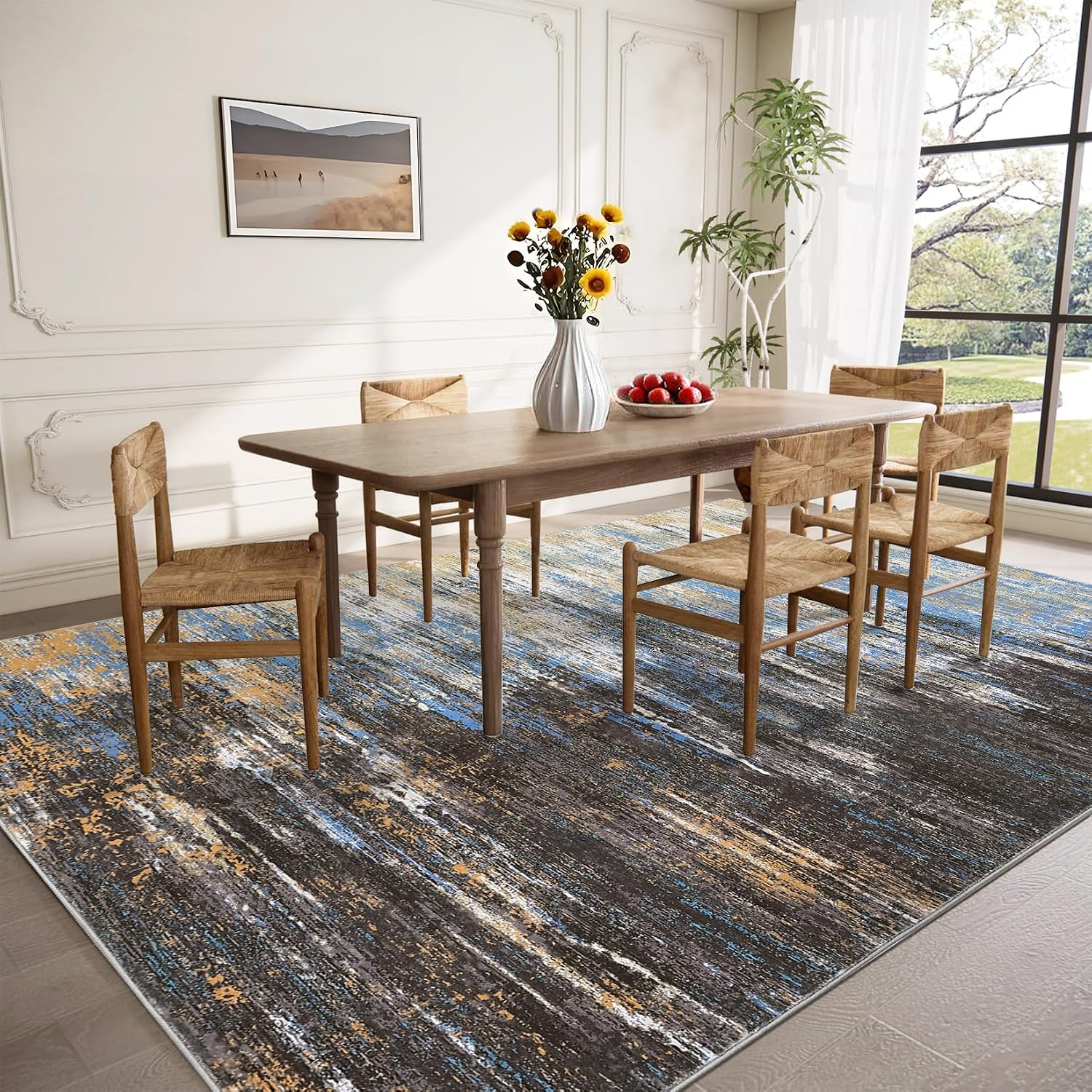 Modern Abstract Living Room Rug 10X13, Machine Washable Large Carpet, Non Slip Low Pile Throw Rug, Ultra Soft Indoor Floor Carpet for Bedroom Dining Room Table Home Decor, Blue/Brown - Image 7