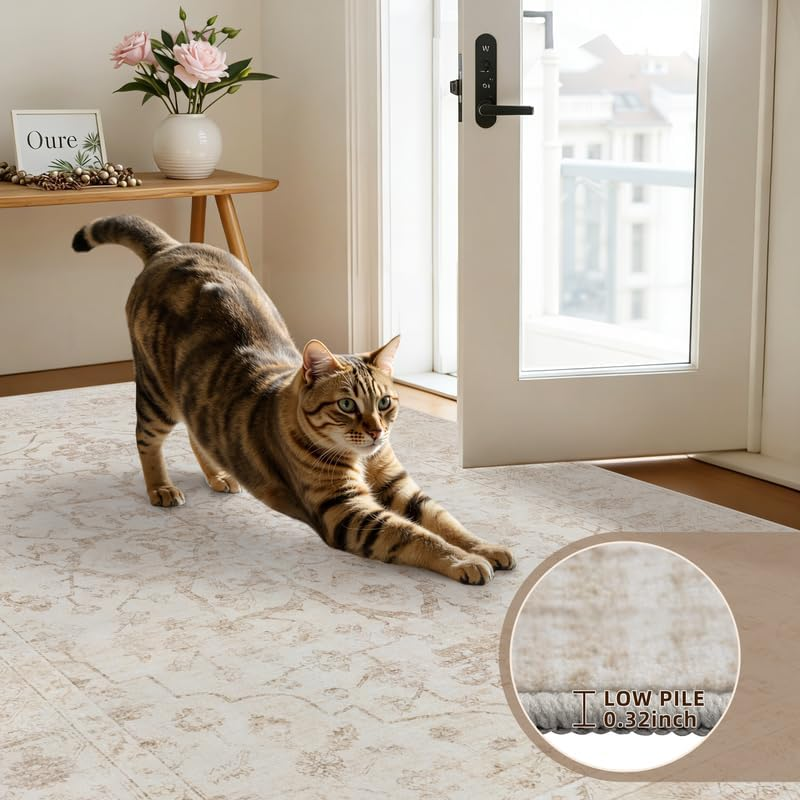 Area Rugs 9X12 Living Room: Vintage Boho Neutral Washable Rug Indoor Soft Large Area Rug Carpet for Bedroom Nursery Farmhouse Dining Room Office Floor Non-Slip Low Pile under Table Rug Warm Beige - Image 9
