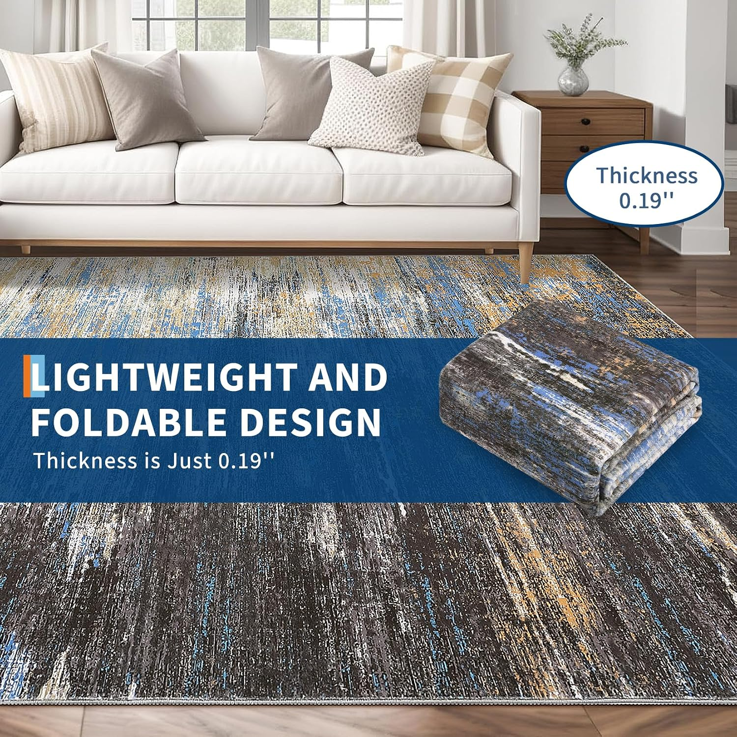 Modern Abstract Living Room Rug 10X13, Machine Washable Large Carpet, Non Slip Low Pile Throw Rug, Ultra Soft Indoor Floor Carpet for Bedroom Dining Room Table Home Decor, Blue/Brown - Image 3