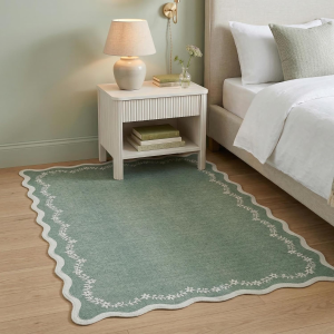 3X5 Scalloped Washable Area Rug for Bedroom,Soft Sage Green Entryway Rug Non Slip Low Pile Carpet Stain Resistant Throw Rug for Bedside Kids Room Office Dining Room