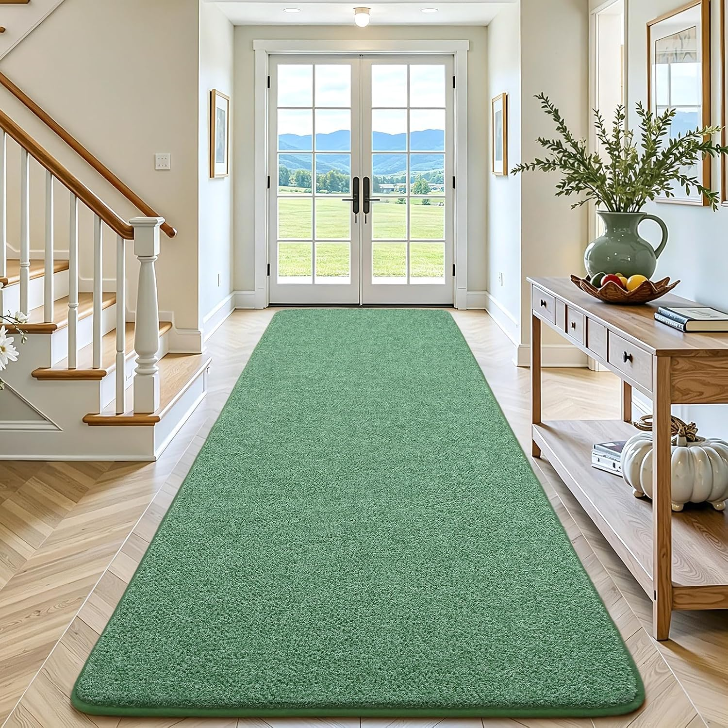 Soft Hallway Runner Rug, 2X6 Green Entryway Runner Rugs for Bedroom Bedside Non Slip Washable Modern Memory Foam Rugs Low Pile Laundry Room Rug Carpet for Nursery Dorm Classroom Kids Room Decor - Image 2