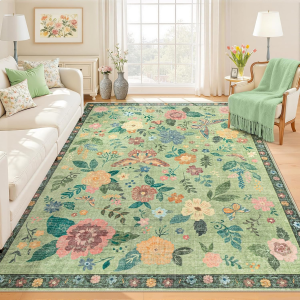 6X9 Area Rugs for Living Room: Washable Floral Rugs Vintage Boho Rug Non-Slip Low Pile Indoor Floor Carpet for Bedroom Dining Room Playroom Home Office (Green, 6'X9')