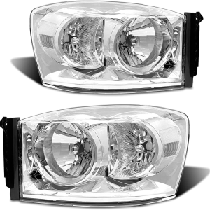 Headlight Assembly Pair for 2006-2008 Dodge Ram 1500 2006-2009 Dodge Ram 2500 3500 Clear Lens Chrome Housing Clear Reflector Left Right W/O Bulbs