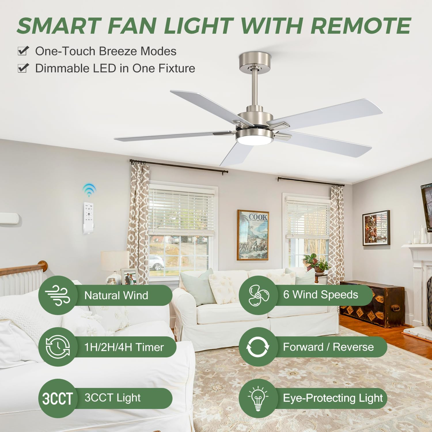 Ceiling Fans with LED Lights, 52 Inch 5-Blade Ceiling Fan Remote Control, Industrial Ceiling Fan with Reversible DC Motor, Downrod Mount LED Ceiling Light Chandelier for Bedroom (Satin Nickel) - Image 6