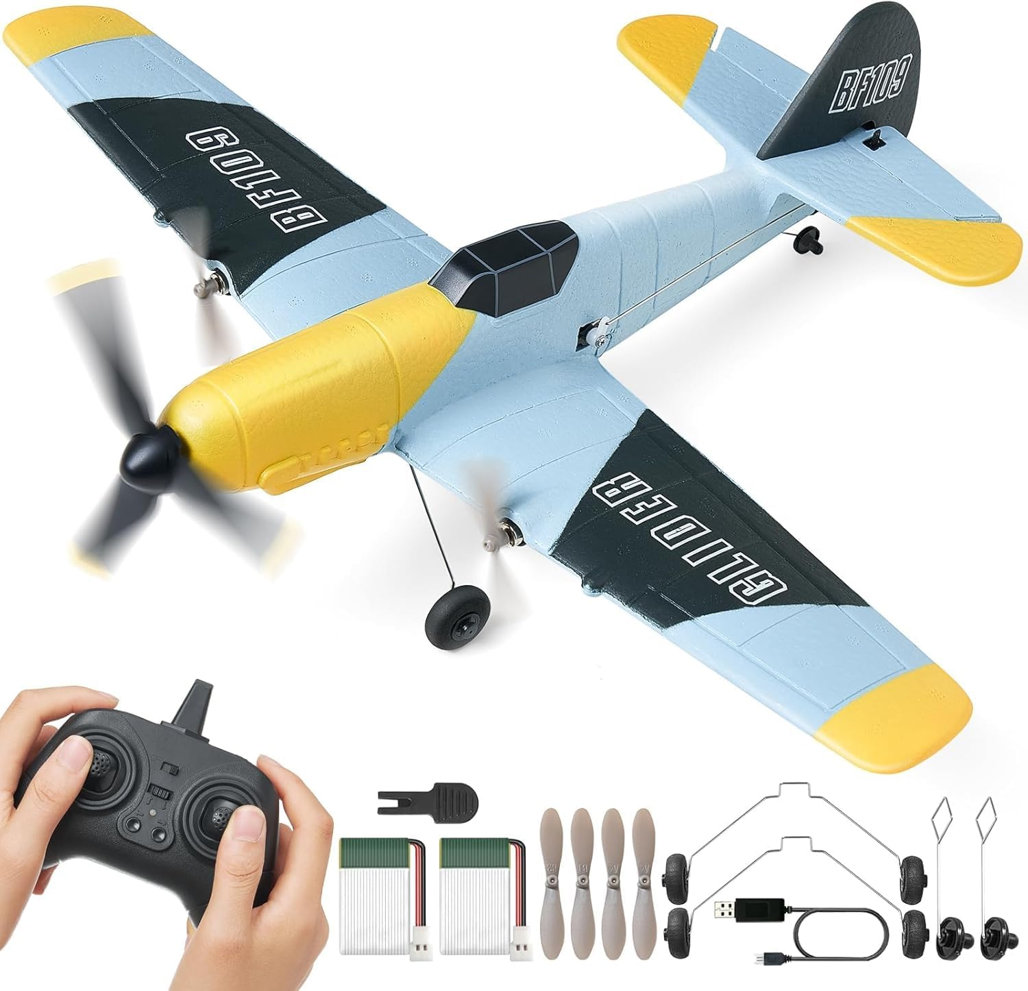 RC Plane, 2.4GHZ 3 Channel RC Airplane with 6-Axis Gyro Stabilizer&2 Batteries, Ready to Fly BF-109 Fighter Aircraft Plane Toy for Adults Beginners Kids Birthday/Xmas Gift