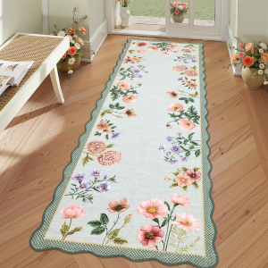 Floral Scalloped Kitchen Runner Rug, 2X6 Washable Hallway Runner Non-Slip, Soft Print Laundry Room Rug Low-Pile Stain Resistant Boho Carpet for Bathroom Bedroom Dorm, Blue