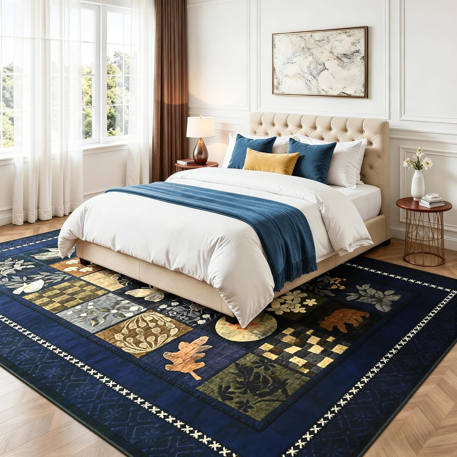 5X7 Area Rugs for Living Room, Modern Large Geometric Rug for Bedroom, Washable Patchwork Rug Indoor Non Slip Throw Carpets for Dining Room Office Farmhouse Home Decor, Navy Blue - Image 3