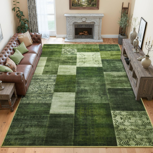 8X10 Green Area Rugs for Living Room, Modern Large Geometric Rug for Bedroom, Washable Patchwork Rug Indoor Non Slip Throw Carpets for Dining Room Office Farmhouse Home Decor