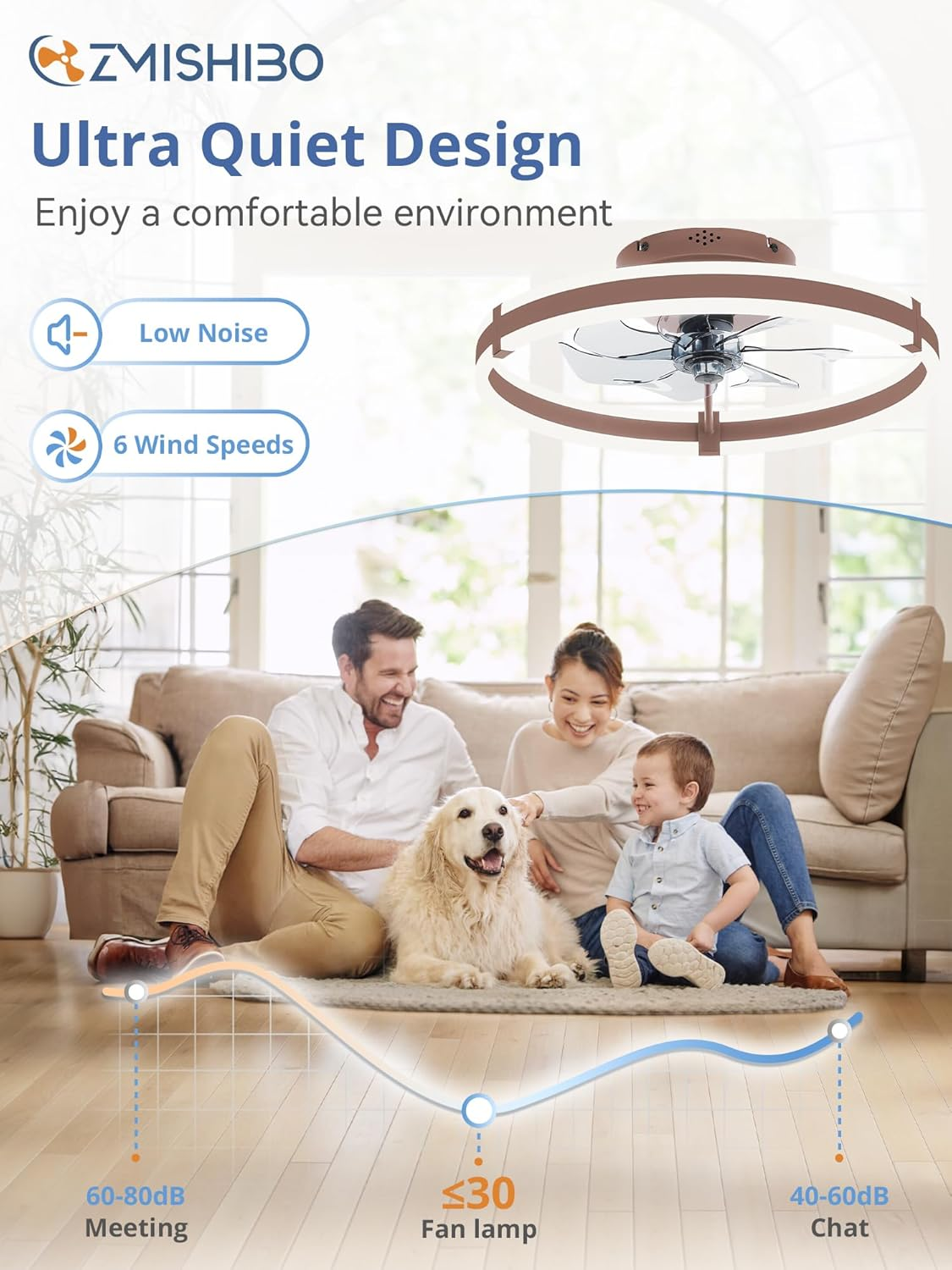 Ceiling Fans with Lights and Remote, 19.7'' Low Profile Ceiling Fan, 3000-6000K Dimmable Modern Flush Mount LED Fan Light, 6 Wind Speeds, Brown Fandelier Ceiling Fans for Bedroom - Image 3