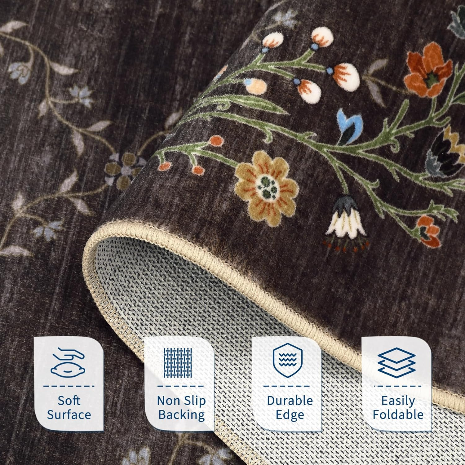 8X10Ft Floral Washable Area Rug, Brown Vintage Boho Low Pile Non Slip, Soft Indoor Large Rug for Living Room, Bedroom, Dining Room, Office - Image 5