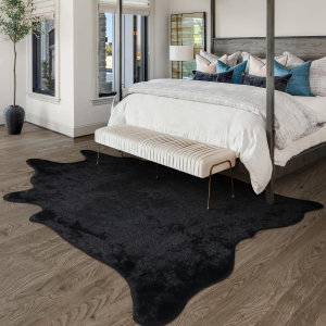 Black Faux Fur Cowhide Rug, Cow Hide Cow Print Rug for Living Room Bedroom 4.6X5.2 Feet - Animal Print Cow Skin Rustic Western