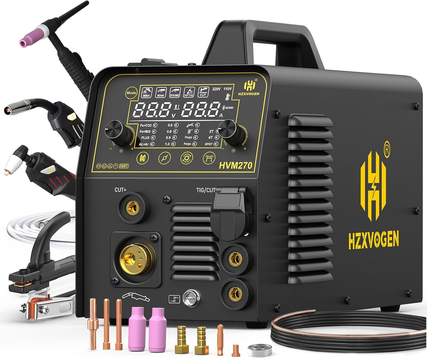 200A Plasma Cutter Welder Combo, 7 in 1 Gas Mig/Flux Core Mig/Pulse MIG/HF Tig/Stick/Cut/Spot, 110/220V Aluminum Welding Machine Multiprocess Welder with Synergic Mode