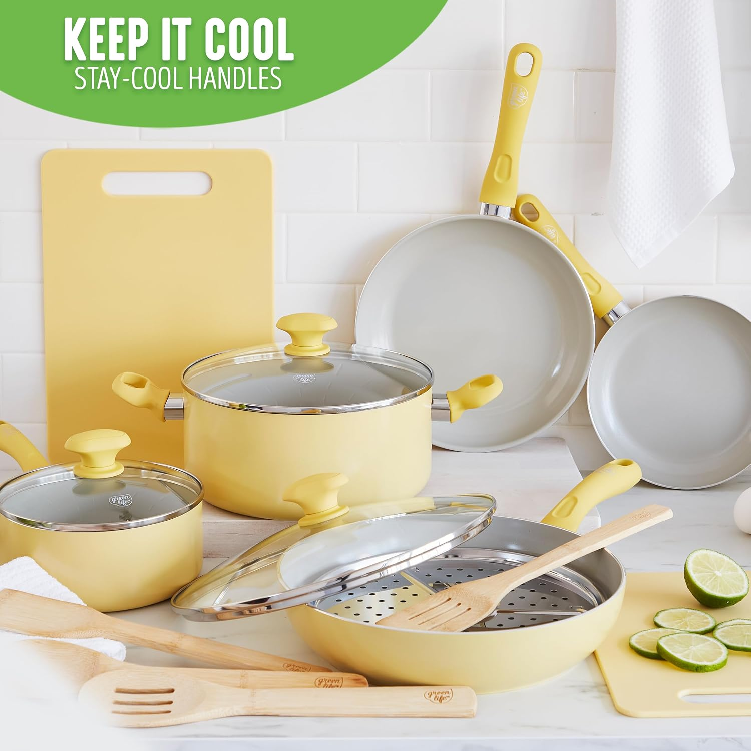 Soft Grip Healthy Ceramic Nonstick 15 Piece Kitchen Cookware Pots and Frying Sauce Saute Pans Set, Pfas-Free with Kitchen Utensils and Lid, Dishwasher Safe, Yellow - Image 5