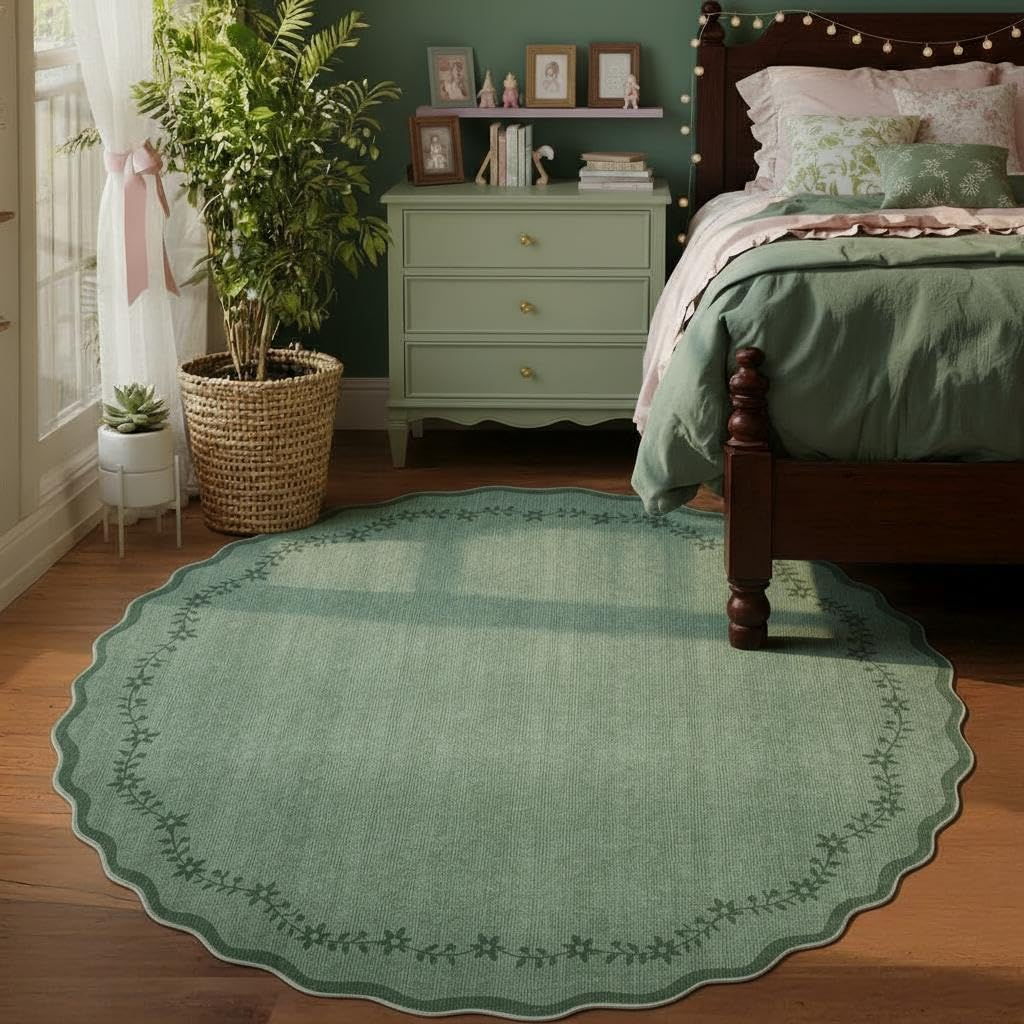 round Area Rugs 8Ft for Living Room, Large Solid Green Washable Circle Rug Soft Non Slip Forest Animal Print Floor Mat Carpet Indoor Thin Rug for Bedroom Dining Room Playroom Nursery - Image 3