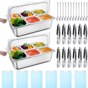 2 Set Countertop Chiled Ice Food Serving Display Container Stainless Steel Condiment Dispenser with Lid Clamps Spoons Box for Restaurant Kitchen (6 Compartments)