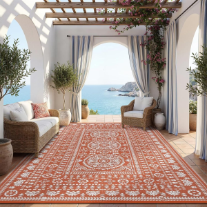 Reversible Outdoor Rug 9X12 for Patio, Waterproof Outdoor Area Rug, Modern Medallion Indoor Outdoor Rugs, Plastic Straw Rug for RV, Camping, Deck, Vintage Terracotta