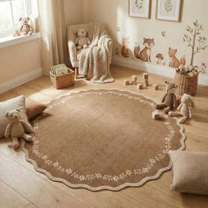 round Area Rugs 4Ft for Kids Room, Solid Brown Scalloped Washable Circle Rug Soft Non Slip Floral Print Floor Mat Carpet Indoor Thin Tent Rug for Bedroom Dining Room Playroom Nursery