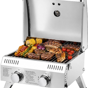 2 Burner Portable Gas Grill, 20,000 BTU Tabletop Camping Grill with Ignition & Lockable Lid, Stainless Steel Propane Grill with Foldable Legs & Thermometer for Outdoor Patio BBQ RV Use