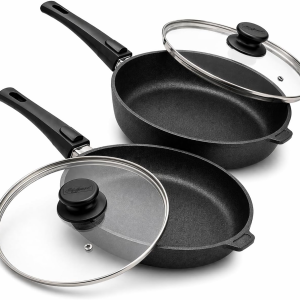 Nonstick Frying Pan Set (2-Piece) – Pfas-Free, Non Toxic, Made in Germany, 11" Deep + Flat Skillet with Lid, Induction Ready, Heavy Cast Aluminum (Stoniq Series)