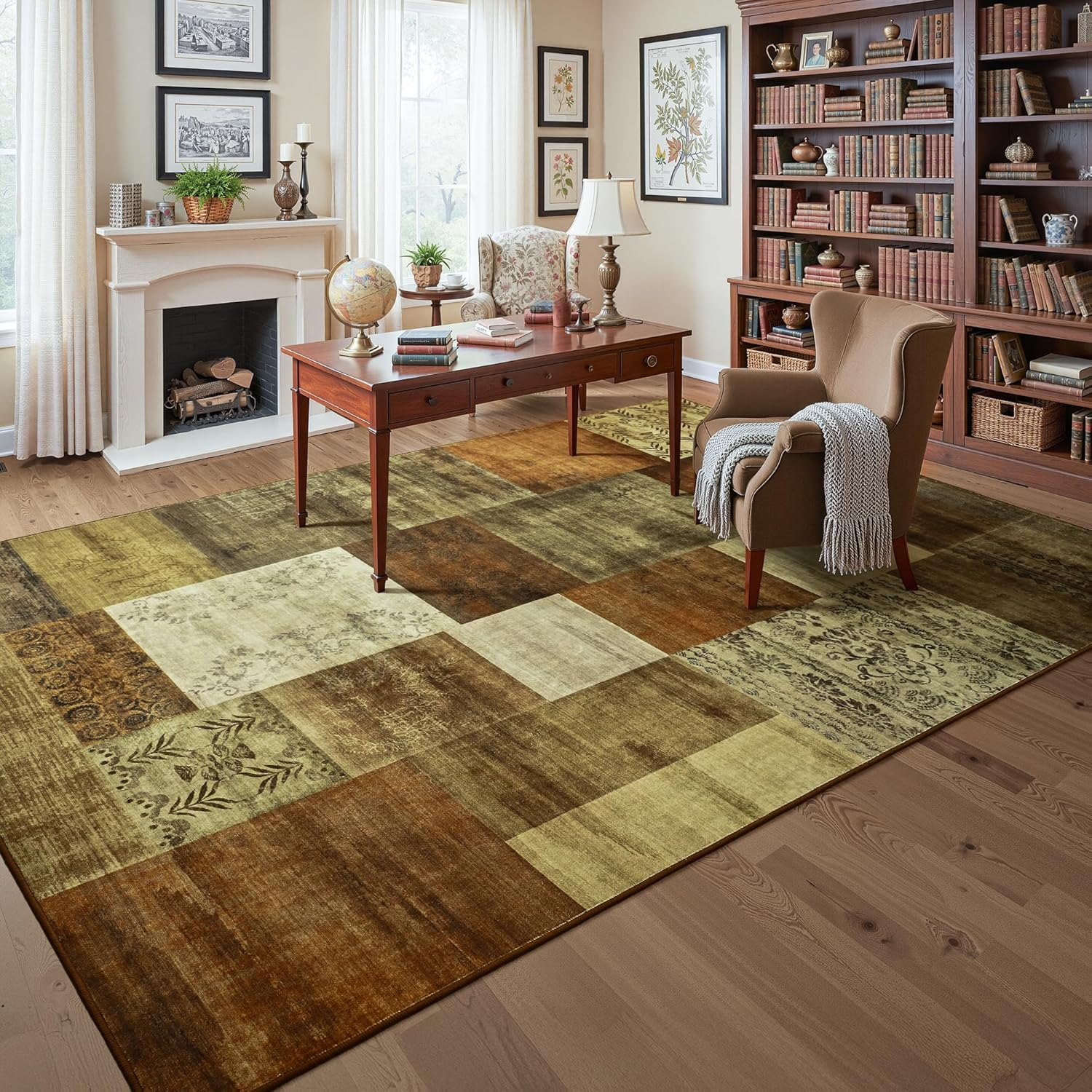 9X12 Area Rugs for Living Room, Washable Large Geometric Brown Bedroom Rug, Modern Patchwork Carpet Indoor Non Slip Throw Rug for Dining Room Office Home Decor - Image 4