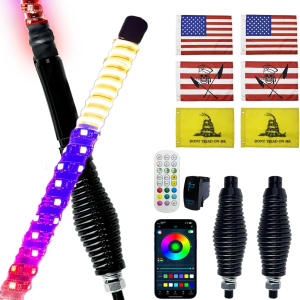 2 Pcs 4Ft Whip Lights with Spring Base, LED Whip Lights for Side by Side with APP & Remote,Spiral RGB Chasing Lighted Whips, Music Whips with Rocker Switch for UTV ATV RZR Can-Am SXS Offroad Truck