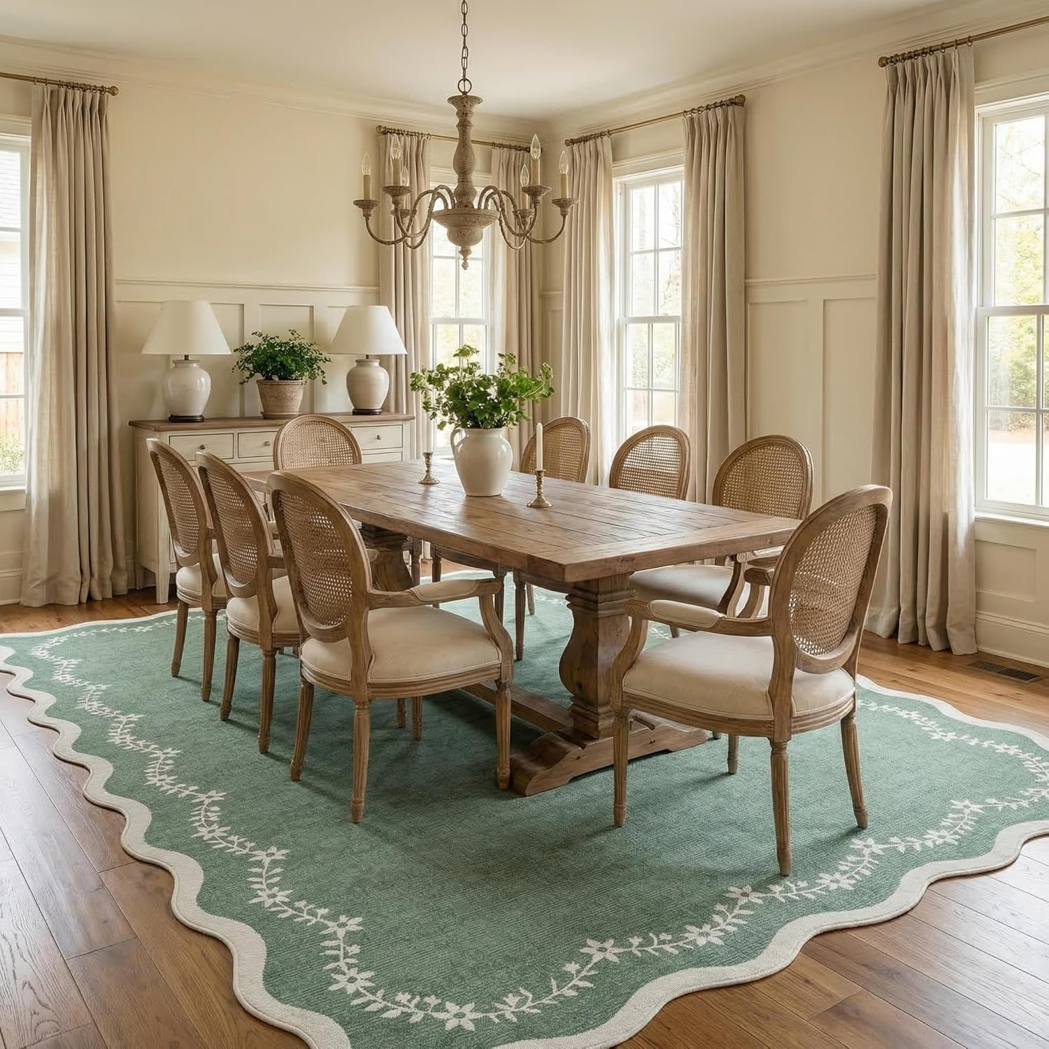 6X9 Scalloped Area Rug Sage Green Washable Rugs for Living Room Bedroom, Soft Low Pile Non Slip Accent Floor Mat Solid Floral Print Throw Rug Farmhouse Indoor Carpet for Dorm Playroom - Image 4