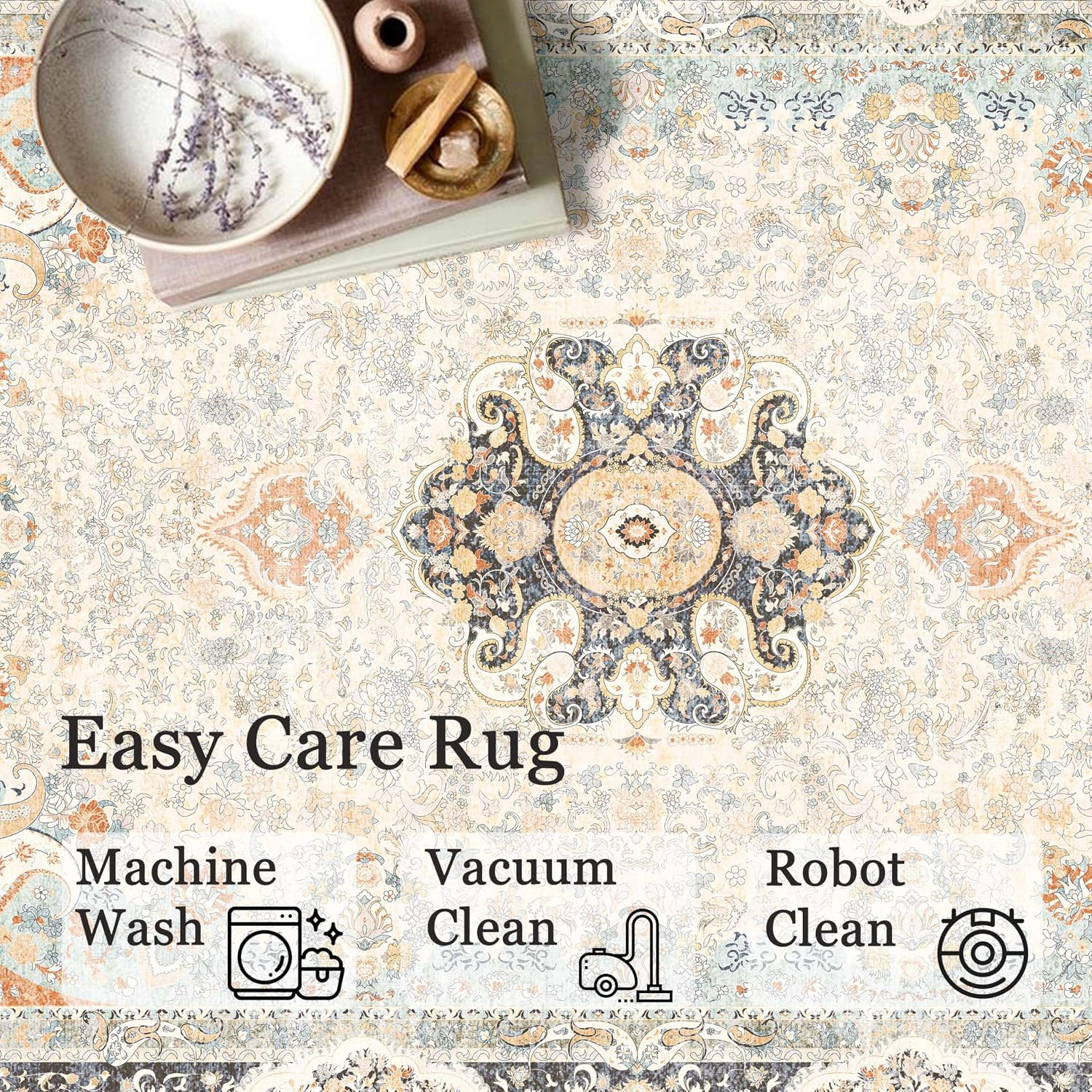 8X10 Area Rugs Washable,Vintage Rug for Living Room Bedroom Dining Room,Large Boho Bohemian Distressed Carpet Non Slip,Retro Blue Grey Floral - Image 5