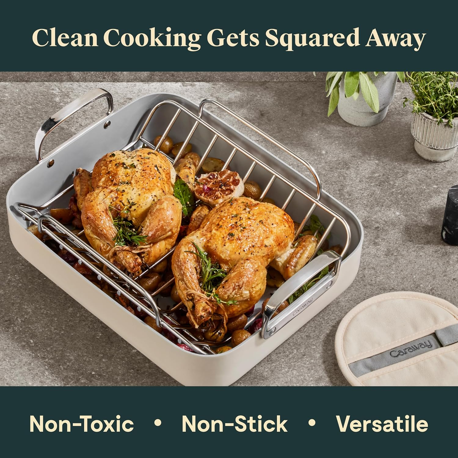 Caraway Roasting Pan - 16X13” Roasting Pan with Rack - Non-Stick Ceramic Coated - Non Toxic, PTFE & PFOA Free - Oven Safe & Compatible with All Stovetops - Navy - Image 2