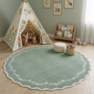 round Area Rugs 4Ft for Kids Room, Sage Green Scalloped Washable Circle Rug Soft Non Slip Floral Print Floor Mat Carpet Indoor Thin Tent Rug for Bedroom Dining Room Playroom Nursery