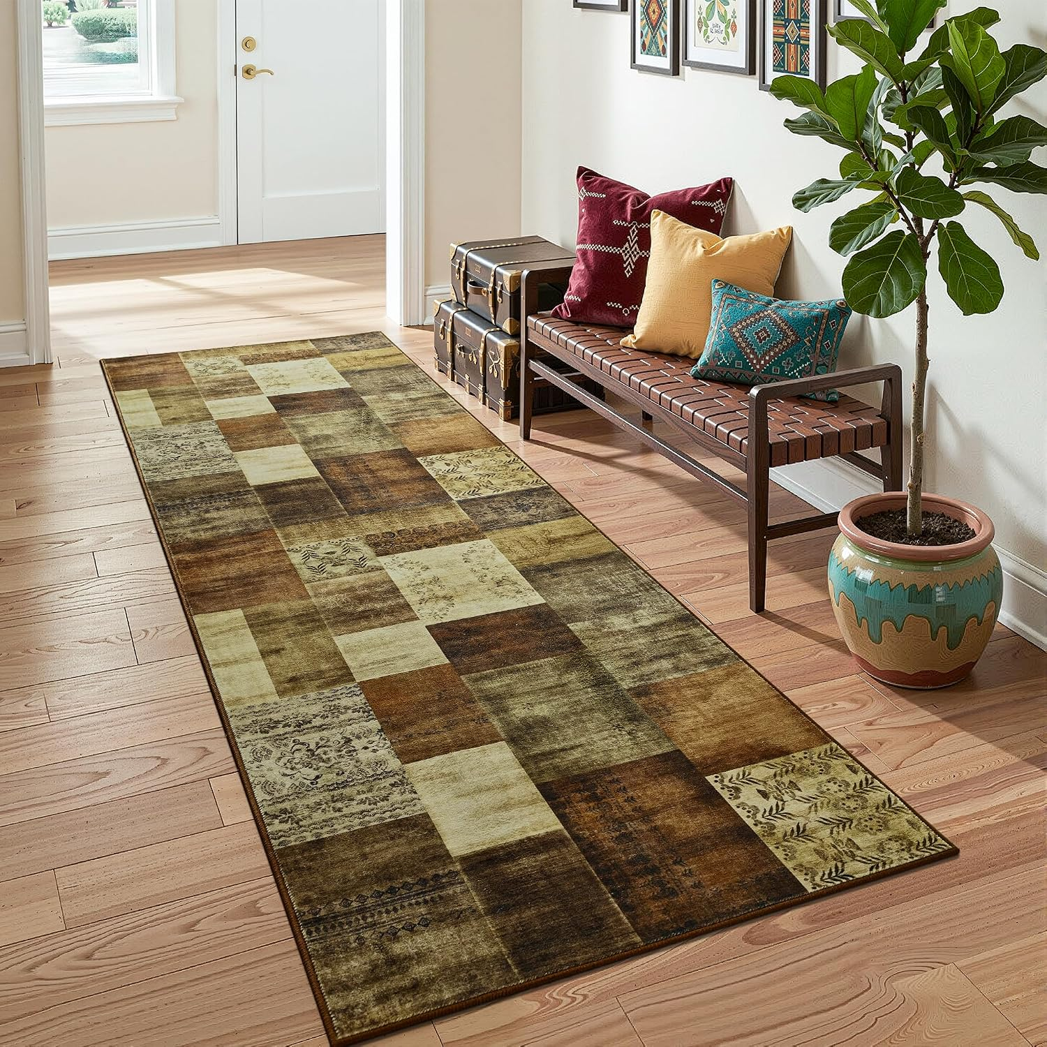 Modern Runner Rug for Living Room, 2X6 Washable Rugs for Bedroom Hallway, Geometric Patchwork Runner Rug Non-Slip Indoor Throw Carpet for Entryway Kitchen Office Home Decor, Brown - Image 2