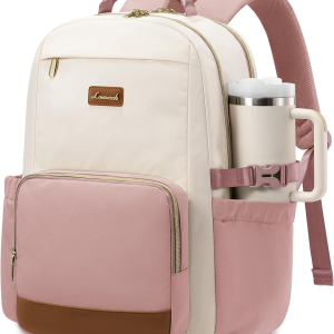 Laptop Backpack for Women with Pouch Pocket for Large Capacity Cup,18 Inch Teacher Nurse College Work Backpack Purse,Waterproof Laptop Bag Computer Back Pack for Travel, Beige-Pink-Brown